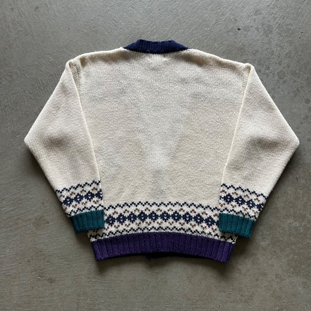 Vintage 90s 62 East Cardigan Sweater Size Medium White Geometric Fair Isle - Picture 4 of 5